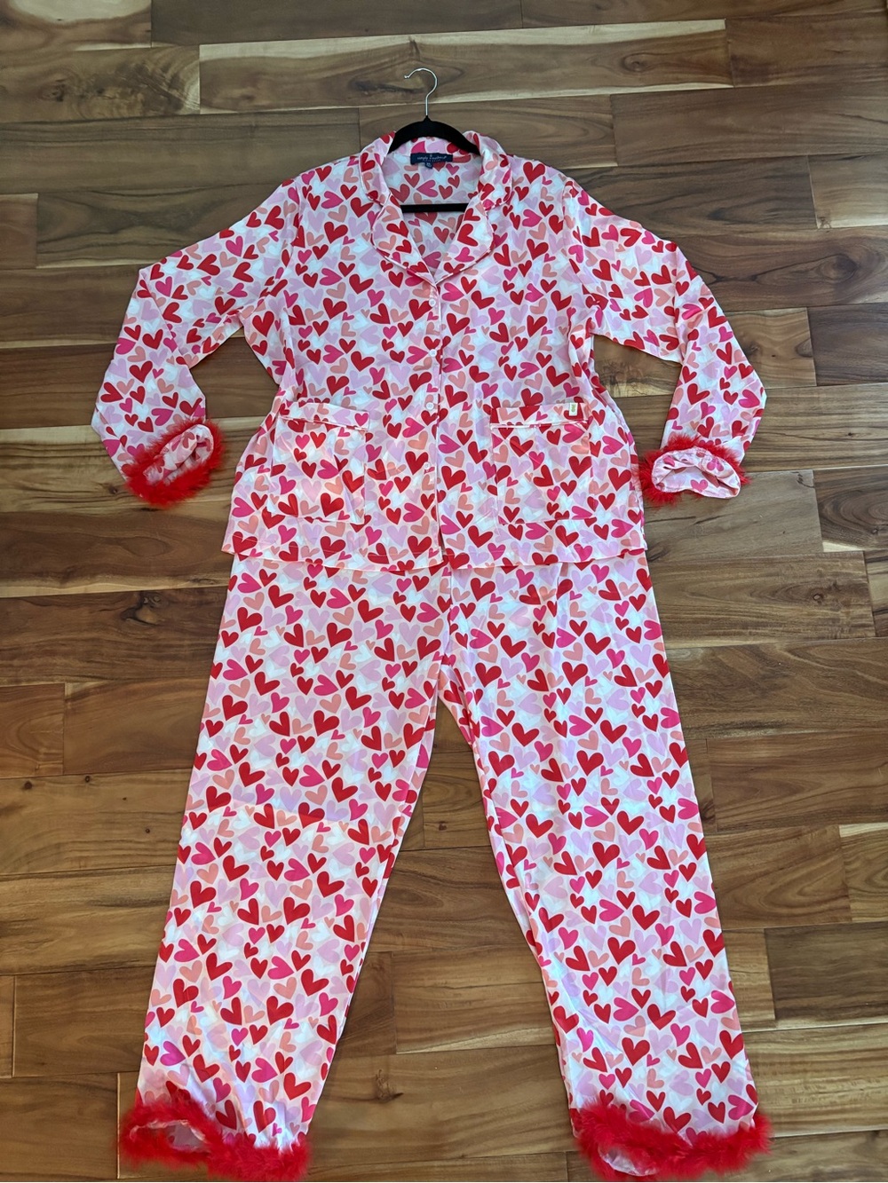Simply Southern Pink & Red Heart-Print Pajama Set with Red Feather Trim XL